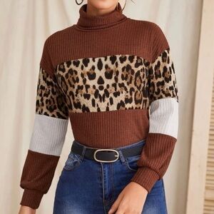 SHEIN brown, cream & leopard turtleneck sweater size M